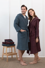 Navy Blue linen waffle robe with hoodie - Robes with hoodie - British D'sire