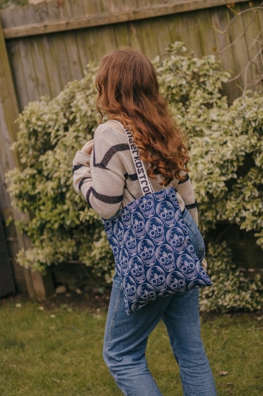 Navy Blue Skull Print Tote Bag - Shopping Bags - British D'sire