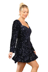 Navy Blue Velvet Sequin Dress – Perfect for Glamorous Evenings - British D'sire