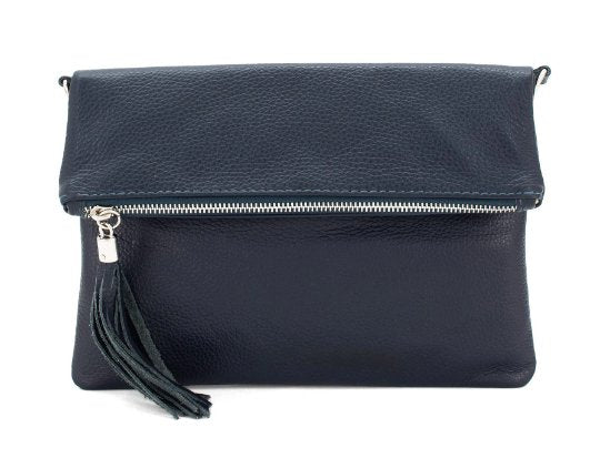 Navy Chiara Italian Designer Soft Foldover Leather Clutch - British D'sire