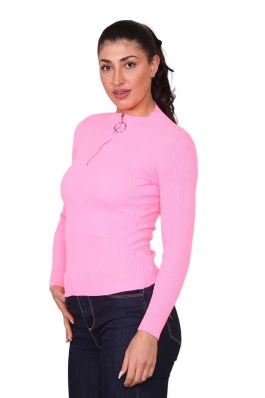 Neon Pink Rib Zip up Knitted top - Top - British D'sire