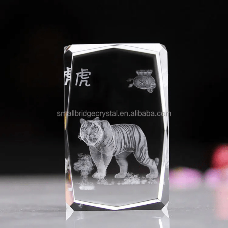 New design chinese 3D tiger gift decor souvenir carved engraving technique laser etched crystal cube k9 glass with uv printing - Crystal Cube - British D'sire