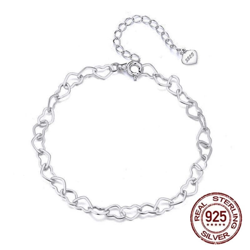 New design Rhodium plated heart shaped chain link pure S925 sterling silver Anklets for women summer beach jewellery Accessories - Women's Anklets - British D'sire