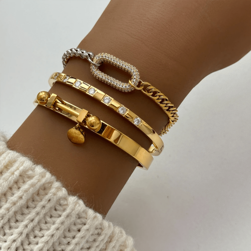 New unique design 18K gold plated stainless steel two for women tone splicing chain oval full zirconia charms bracelet - Bracelets & Bangles - British D'sire