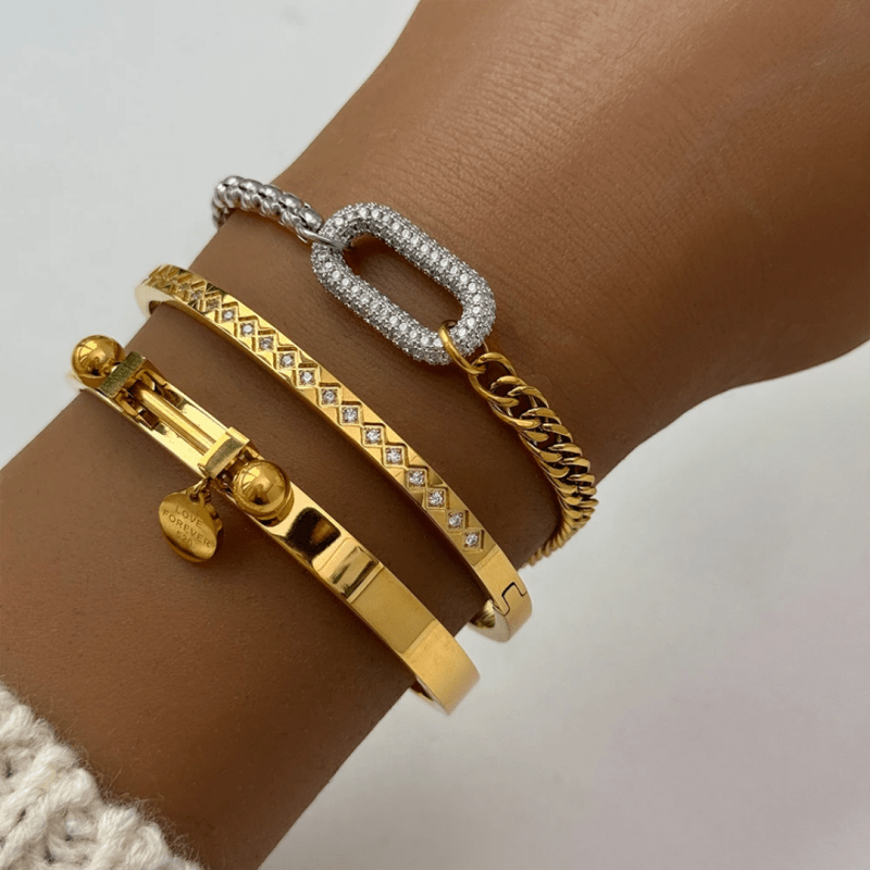 New unique design 18K gold plated stainless steel two for women tone splicing chain oval full zirconia charms bracelet - Bracelets & Bangles - British D'sire