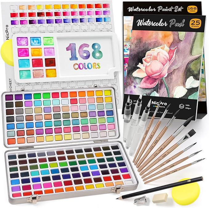 Nicpro 168 Colors Watercolour Paint Set include Metallic Macaron Candy Fluorescent, 8 Synthetic Squirrel Brushes, 25 Water Color Paper, Palette, Art Supplies Kit for Artist Adult Kid Beginner with Box - Art & Craft - British D'sire