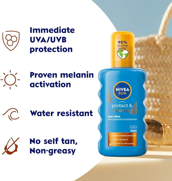 NIVEA SUN Protect & Bronze Sun Spray SPF20 (200ml), Bronzing Tanning Lotion Spray with SPF20, Advanced Suncream Protection, Natural Pro-Melanin Extract - British D'sire