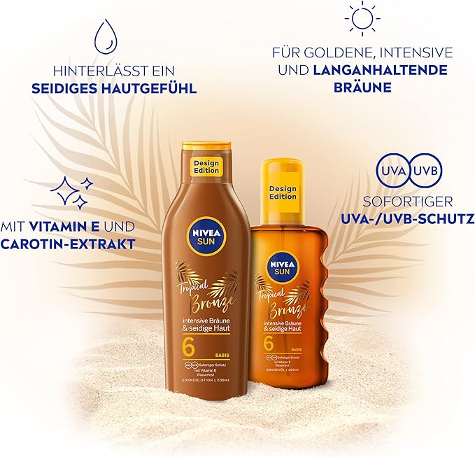 Nivea Sun Tropical Bronze Sun Lotion SPF 6, Sun Protection for Long-Lasting Tan without Self-Tanning, Sun Cream with Carotene Extract and Vitamin E, 200 ml - British D'sire