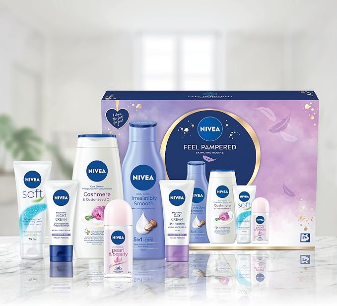 NIVEA Women's Feel Pampered Skincare Regime Gift Set, Includes Shower Cream, Anti-Perspirant, Body Lotion, Moisturising Day and Night Cream - British D'sire