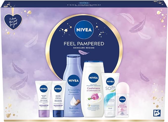 NIVEA Women's Feel Pampered Skincare Regime Gift Set, Includes Shower Cream, Anti-Perspirant, Body Lotion, Moisturising Day and Night Cream - British D'sire