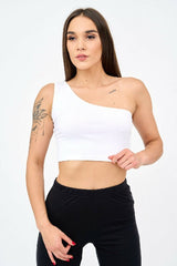 One Shoulder Sleeveless Women's Crop Top in White! - Shirts & Tops - British D'sire