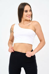 One Shoulder Sleeveless Women's Crop Top in White! - Shirts & Tops - British D'sire