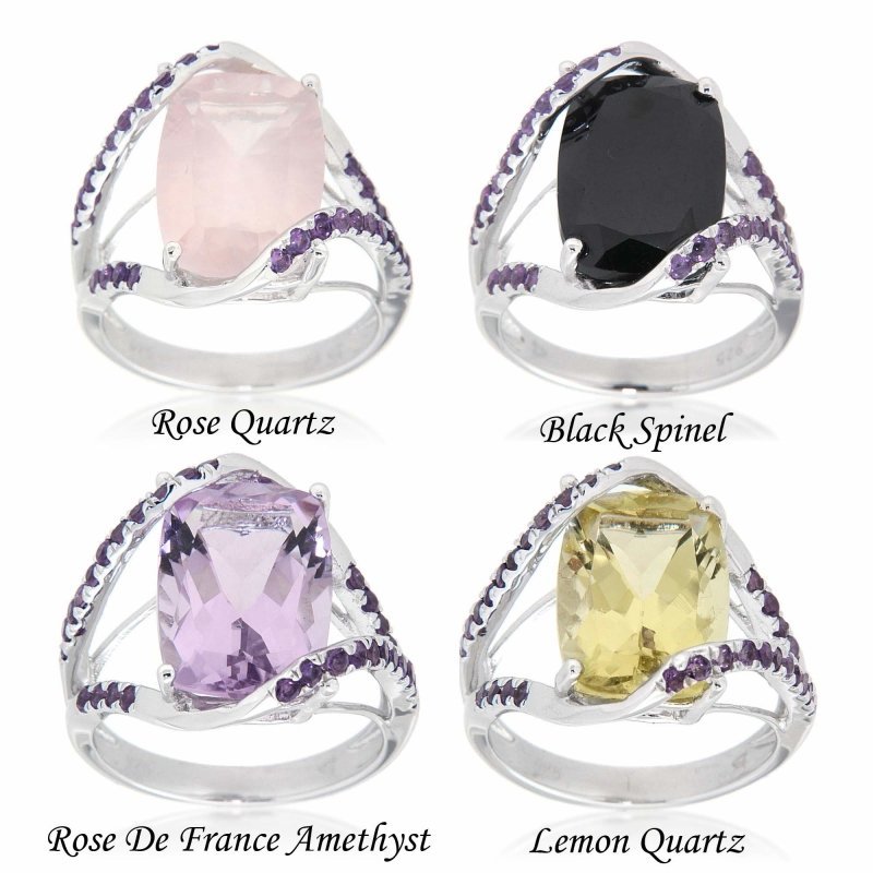 Oval Black Stone, Rose de France Amethyst & Tanzanite Rings | Sterling Silver Rhodium - Plated Designs | Gift Combo Bundles by Pearlz Gallery - Fine Rings - British D'sire