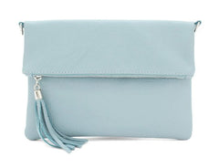 Pale Blue Chiara Italian Designer Soft Foldover Leather Clutch - British D'sire