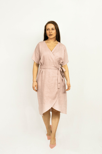 Pale Pink linen wrap dress - Women's Clothing - British D'sire