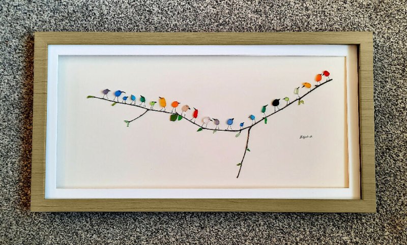 Panoramic Rainbow Birds - Sea Glass & Driftwood Picture - Framed Unique Handmade - Sea Glass Art - Sea glass picture - British D'sire