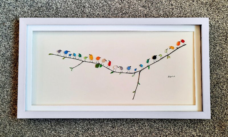 Panoramic Rainbow Birds - Sea Glass & Driftwood Picture - Framed Unique Handmade - Sea Glass Art - Sea glass picture - British D'sire