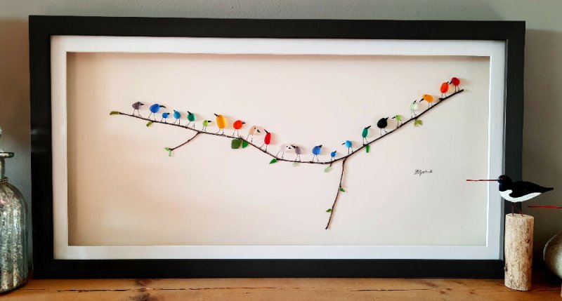 Panoramic Rainbow Birds - Sea Glass & Driftwood Picture - Framed Unique Handmade - Sea Glass Art - Sea glass picture - British D'sire