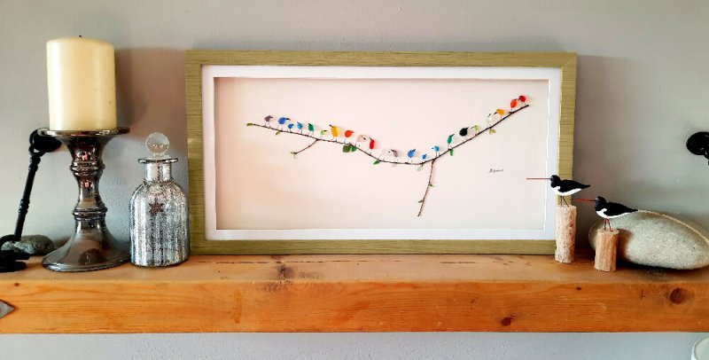 Panoramic Rainbow Birds - Sea Glass & Driftwood Picture - Framed Unique Handmade - Sea Glass Art - Sea glass picture - British D'sire