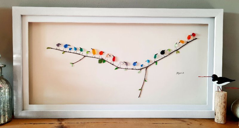 Panoramic Rainbow Birds - Sea Glass & Driftwood Picture - Framed Unique Handmade - Sea Glass Art - Sea glass picture - British D'sire