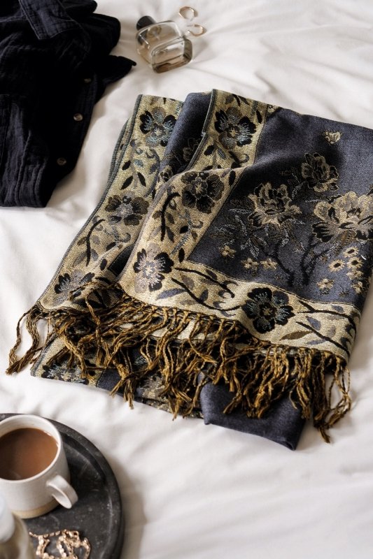 Peacock And Floral Tassel Luxe Pashmina in Dark Grey/Gold - Scarves & Snoods - British D'sire