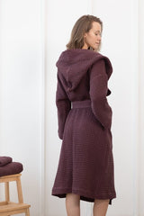 Plum linen waffle robe with hoodie - Robes with hoodie - British D'sire