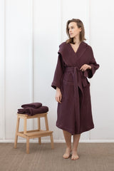 Plum linen waffle robe with hoodie - Robes with hoodie - British D'sire