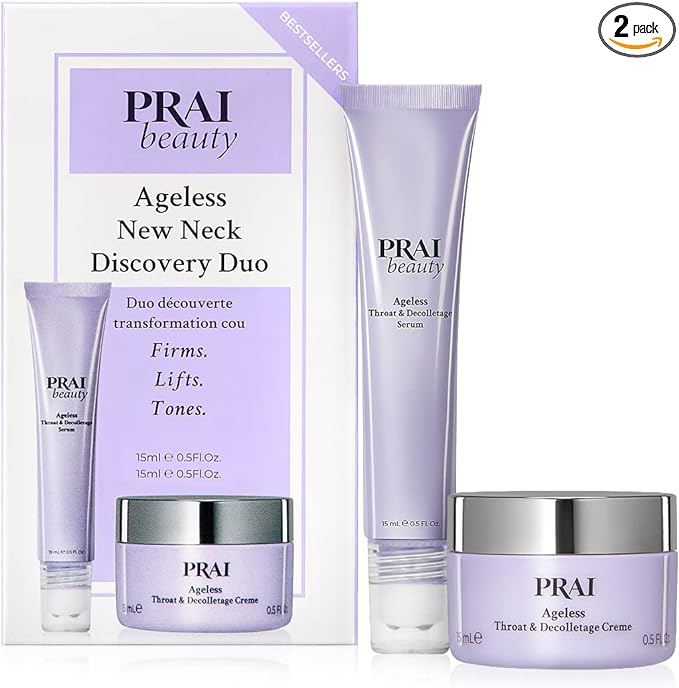 PRAI Ageless New Neck Discovery Duo - Throat & Decolletage Serum (15ml) & Throat & Decolletage Crème (15ml) - Infused with Shea Butter & Hyaluronic Acid - British D'sire