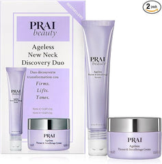 PRAI Ageless New Neck Discovery Duo - Throat & Decolletage Serum (15ml) & Throat & Decolletage Crème (15ml) - Infused with Shea Butter & Hyaluronic Acid - British D'sire