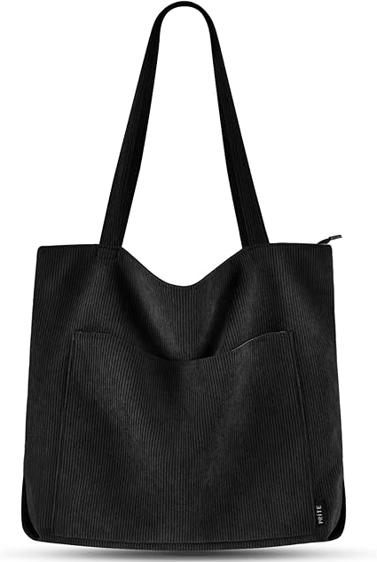 Prite Corduroy Tote Bag for Women Large Shoulder Bag with Zipper and Pockets for College School Work Travel Shopping - Bags & Accessories - British D'sire