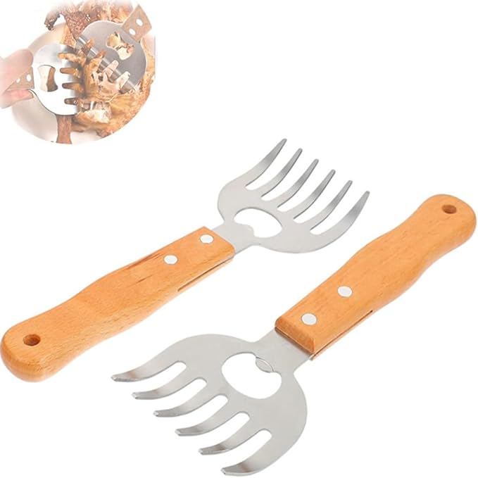 Qplcdg Meat Claws with Long Wooden Handle,2PCS Stainless Steel Shredders Claws,Bottle Opener BBQ Meat Claw for Pulled Pork/Chicken/Beef/Mix Salads - British D'sire