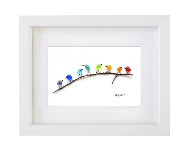 Rainbow Birds on Branch - Sea Glass & Driftwood Picture - Framed Unique Handmade - Sea Glass Art - Sea glass picture - British D'sire