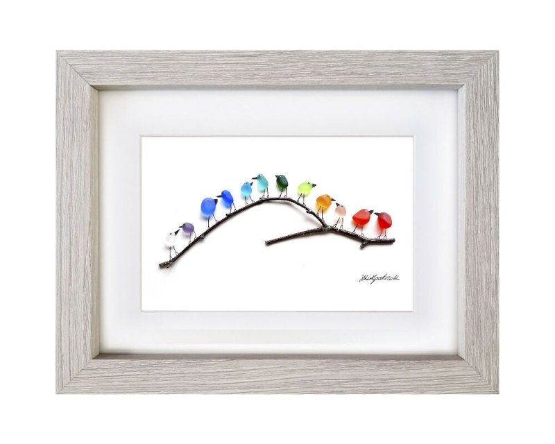 Rainbow Birds on Branch - Sea Glass & Driftwood Picture - Framed Unique Handmade - Sea Glass Art - Sea glass picture - British D'sire