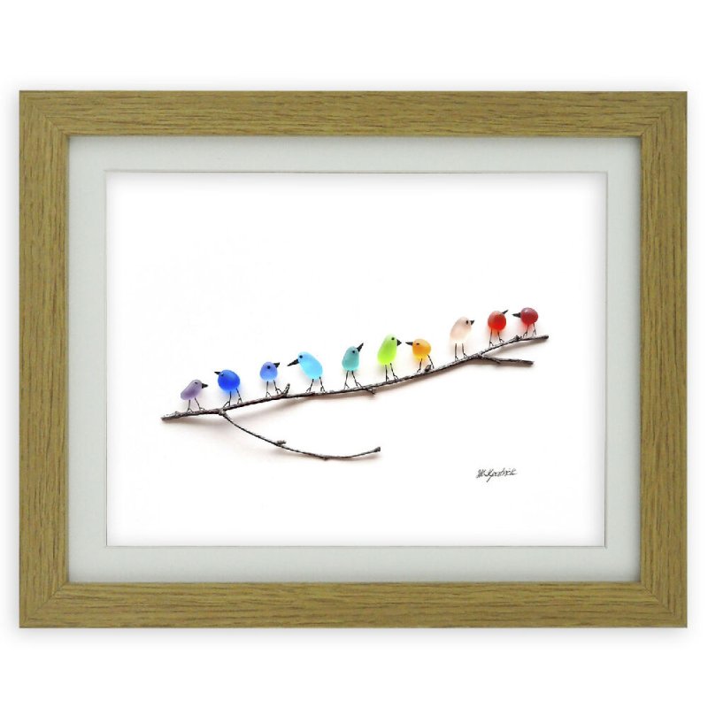 Rainbow Birds on Branch - Sea Glass & Driftwood Picture - Framed Unique Handmade - Sea Glass Art - Sea glass picture - British D'sire