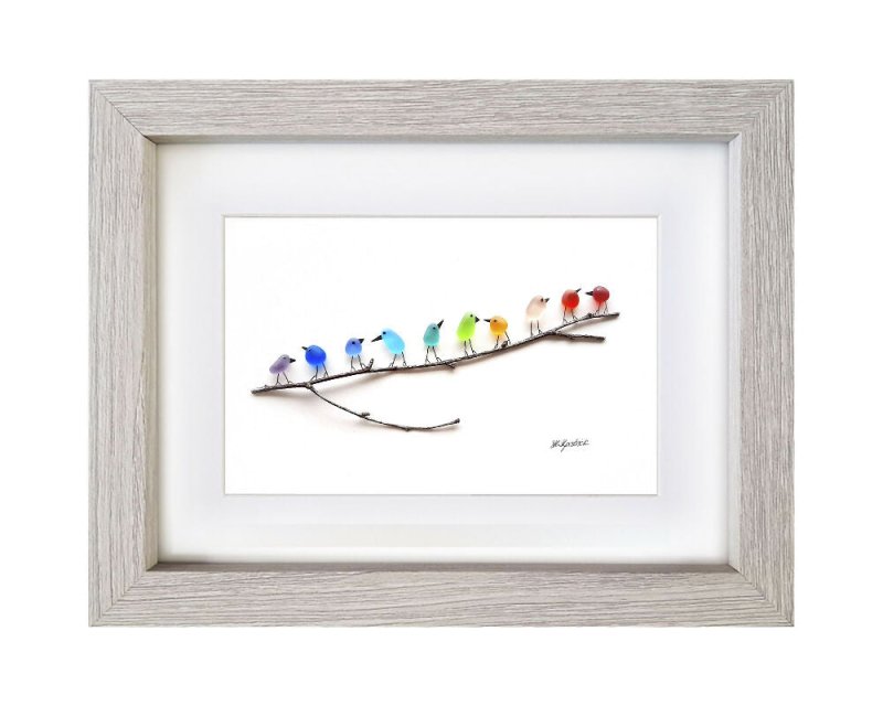 Rainbow Birds on Branch - Sea Glass & Driftwood Picture - Framed Unique Handmade - Sea Glass Art - Sea glass picture - British D'sire