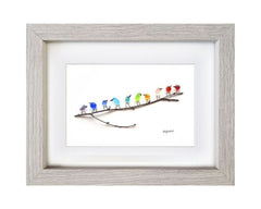 Rainbow Birds on Branch - Sea Glass & Driftwood Picture - Framed Unique Handmade - Sea Glass Art - Sea glass picture - British D'sire