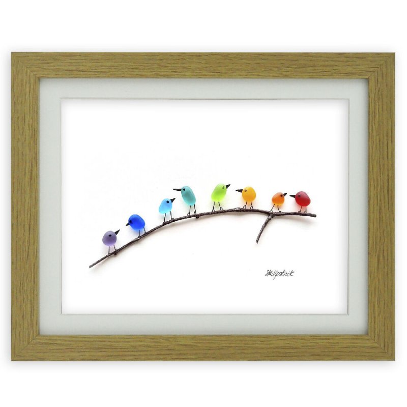 Rainbow Birds on Branch - Sea Glass & Driftwood Picture - Framed Unique Handmade - Sea Glass Art - Sea glass picture - British D'sire