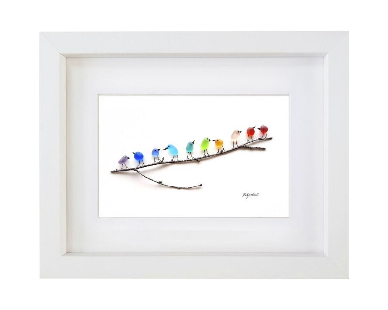 Rainbow Birds on Branch - Sea Glass & Driftwood Picture - Framed Unique Handmade - Sea Glass Art - Sea glass picture - British D'sire