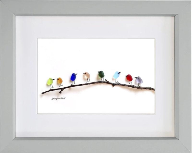 Rainbow Birds on Branch - Sea Glass & Driftwood Picture - Framed Unique Handmade - Sea Glass Art - Sea glass picture - British D'sire