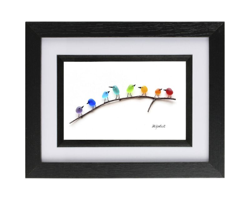 Rainbow Birds on Branch - Sea Glass & Driftwood Picture - Framed Unique Handmade - Sea Glass Art - Sea glass picture - British D'sire