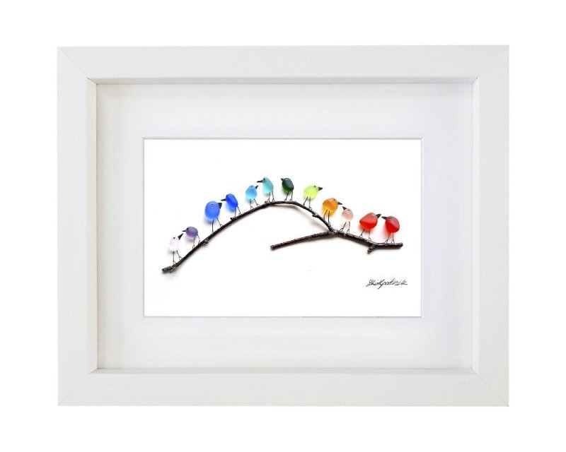 Rainbow Birds on Branch - Sea Glass & Driftwood Picture - Framed Unique Handmade - Sea Glass Art - Sea glass picture - British D'sire