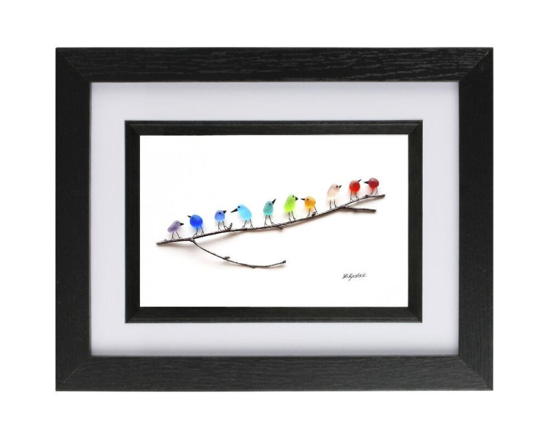 Rainbow Birds on Branch - Sea Glass & Driftwood Picture - Framed Unique Handmade - Sea Glass Art - Sea glass picture - British D'sire