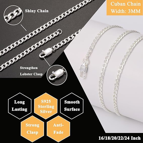 Rajputana S925 Sterling Silver 3mm Thick Cuban Chain for Men Sturdy Mens Silver Gold Chain Hypoallergenic Curb Chain Necklace Jewelry for Men - Unisex Jewellery - British D'sire