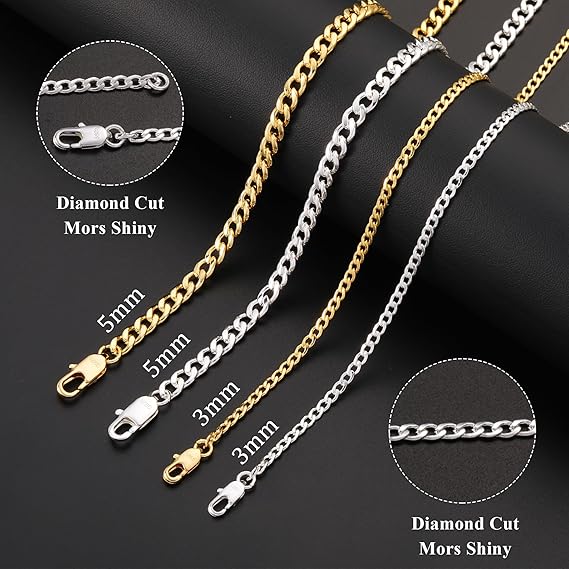 Rajputana S925 Sterling Silver 3mm Thick Cuban Chain for Men Sturdy Mens Silver Gold Chain Hypoallergenic Curb Chain Necklace Jewelry for Men - Unisex Jewellery - British D'sire