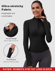 Rapbin Women's Gym Tops Long Sleeve Sports T-Shirt Workout Running Hiking Top for Ladies 1/4 Zip Sweatshirt with Thumb Holes - Shirts & Tees - British D'sire