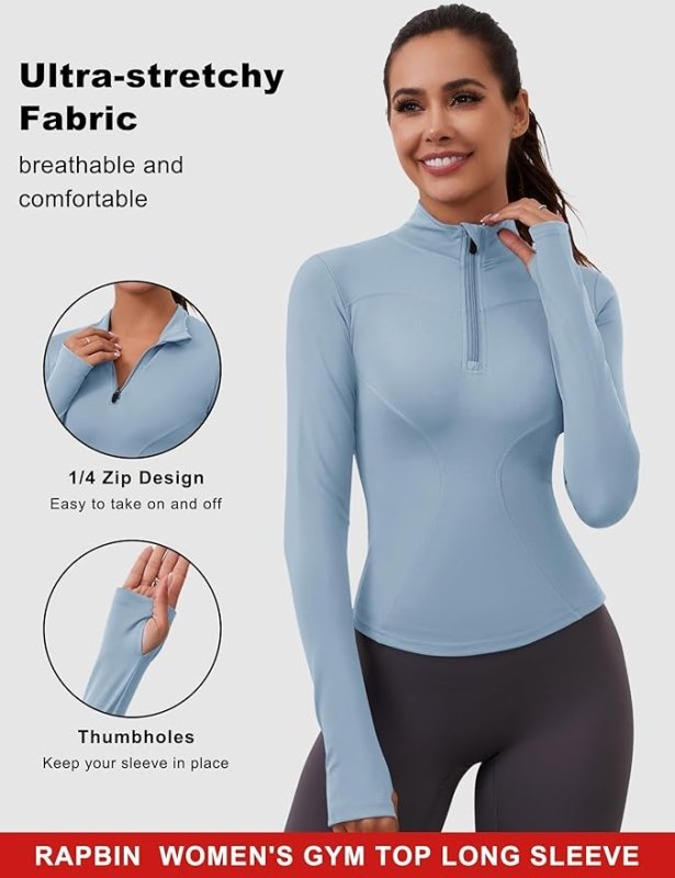 Rapbin Women's Gym Tops Long Sleeve Sports T-Shirt Workout Running Hiking Top for Ladies 1/4 Zip Sweatshirt with Thumb Holes - Shirts & Tees - British D'sire