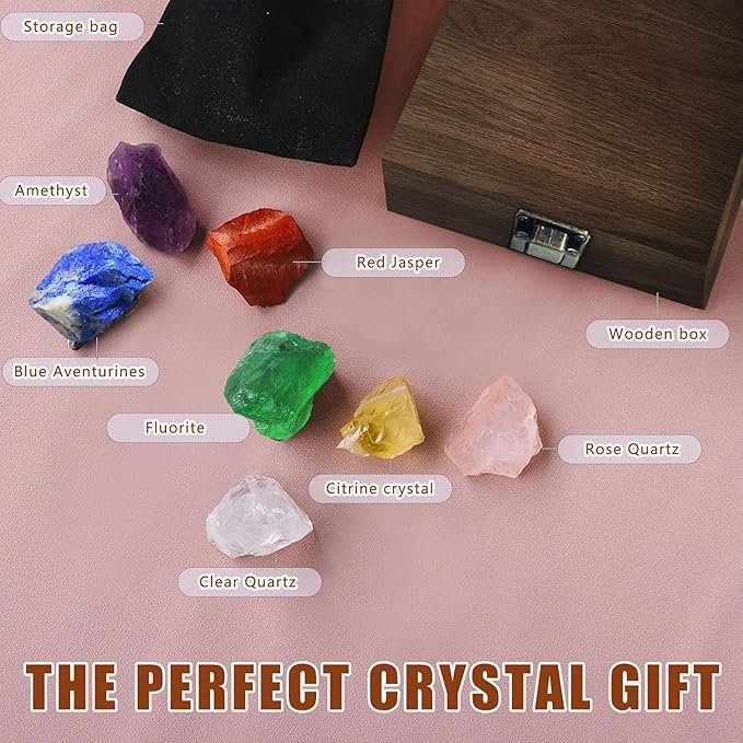 Raw Crystals,Premium Healing Crystals Gift,Large 7 Chakra Set with Rose Quartz and Clear Quartz Crystal Gemstones in Wooden Box,Natural Crystals,Meditation Gifts for Women,Christmas Gifts,Chakra - Gemstones - British D'sire