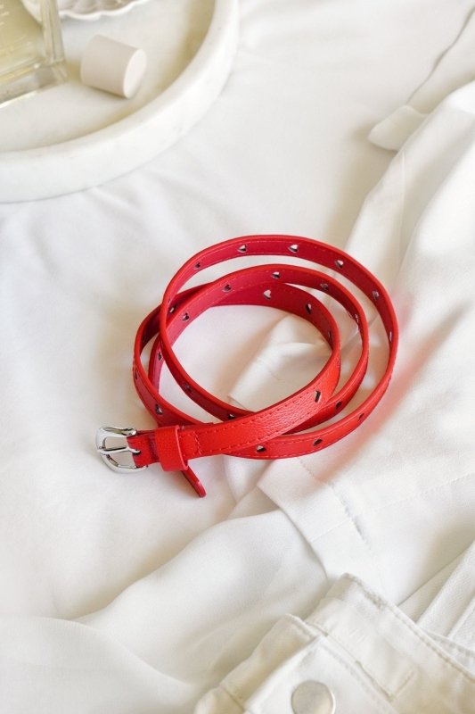 Red PU Skinny Belt with Heart Holes - Belts - British D'sire