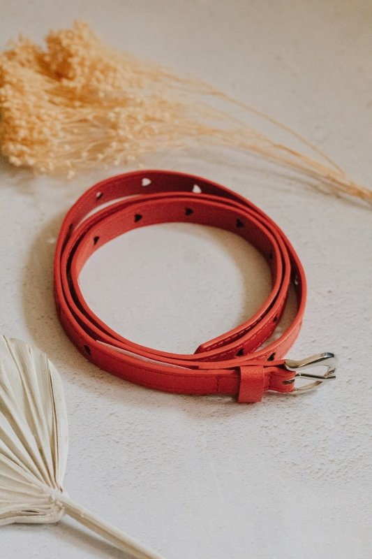 Red PU Skinny Belt with Heart Holes - Belts - British D'sire