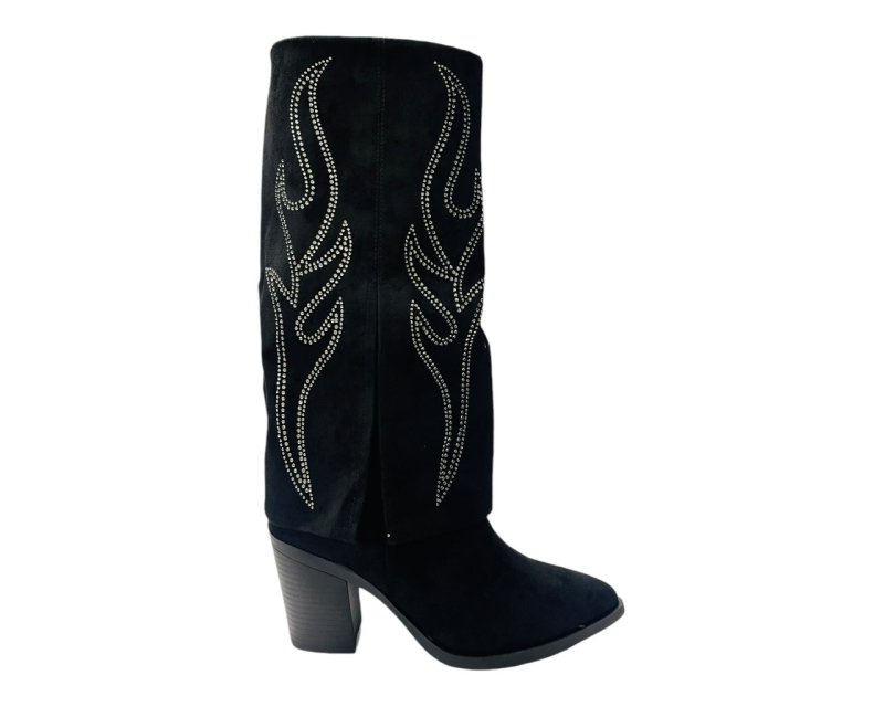 Rhinestone Calf High Fold Over Faux Suede Boots - Boots - British D'sire